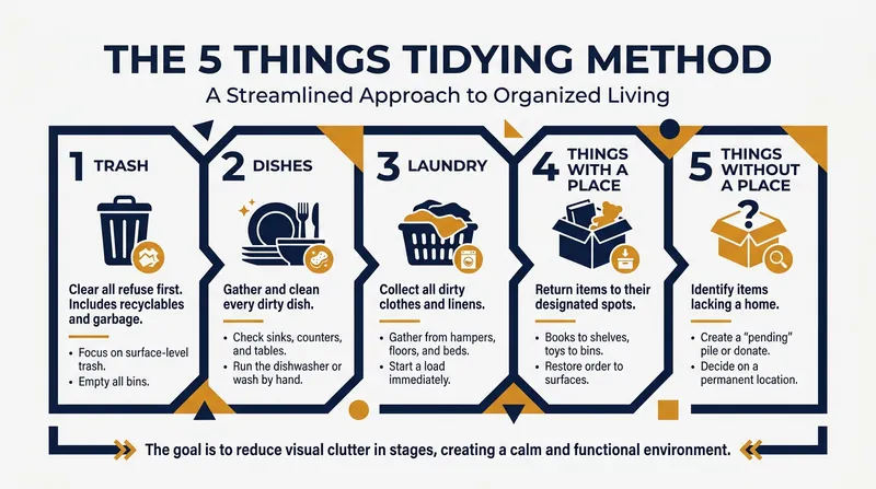 The '5 Things' method reduces decision fatigue by limiting focus to one category at a time.