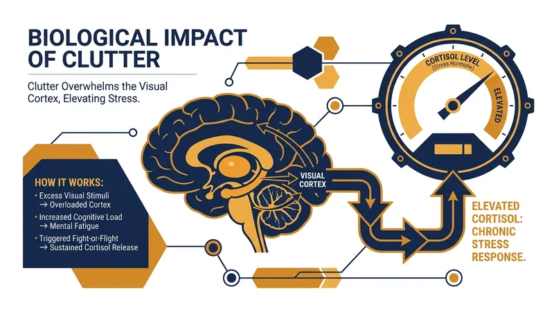 Excessive visual clutter overloads the visual cortex, triggering the release of cortisol.