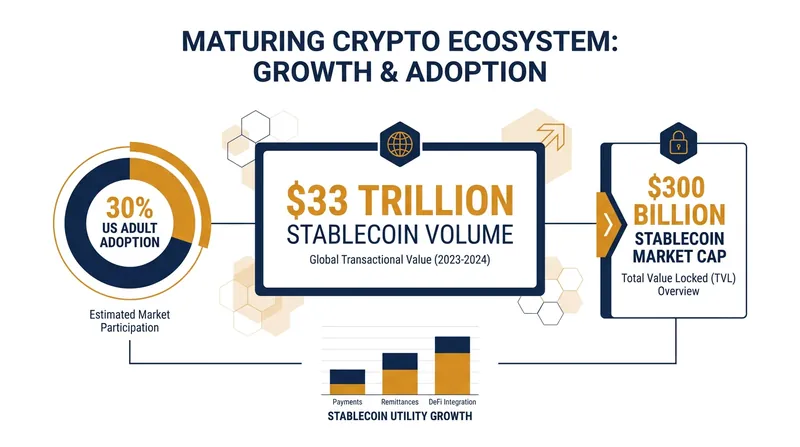Stablecoins and institutional products are driving a new wave of utility-focused adoption.