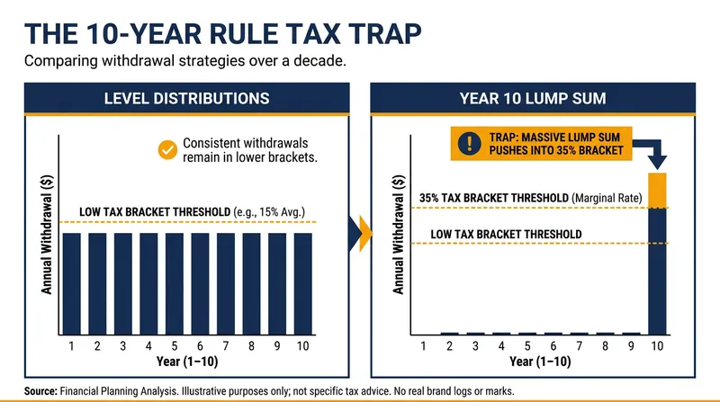 Spreading withdrawals evenly over the 10-year window can prevent beneficiaries from being pushed into higher tax brackets.