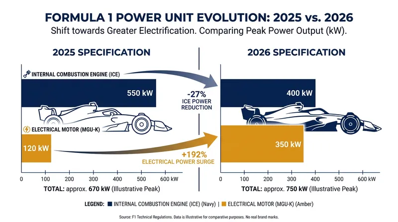 The 2026 power units feature a massive increase in electrical deployment, creating a near 50/50 power split.