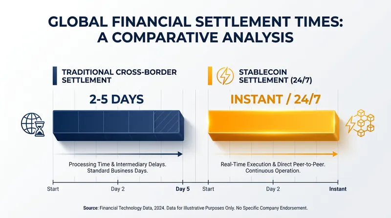 Stablecoins offer continuous, instant settlement compared to the multi-day delays of traditional correspondent banking.