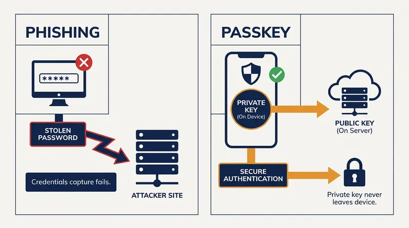 Because the private key never leaves the device, passkeys are mathematically resistant to traditional phishing attacks.