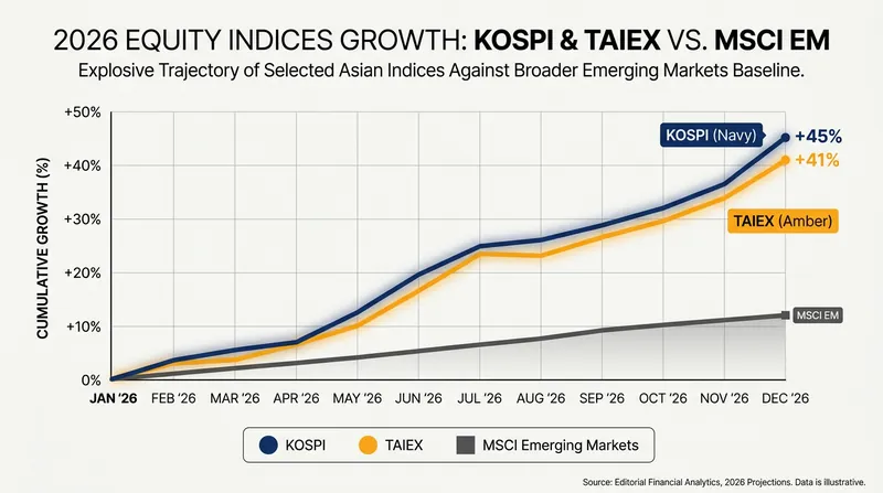 South Korea and Taiwan's tech-heavy indices have vastly outperformed broader emerging market benchmarks in 2026.