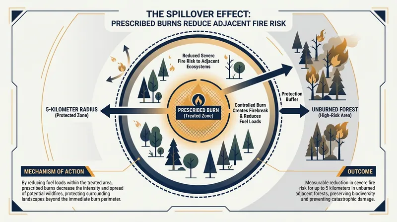 The protective benefits of a prescribed burn extend up to 5 kilometers into surrounding unburned forests.