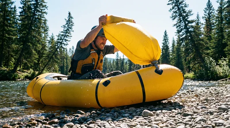 Instead of heavy mechanical pumps, packrafters use lightweight nylon bags to capture and force air into the boat.