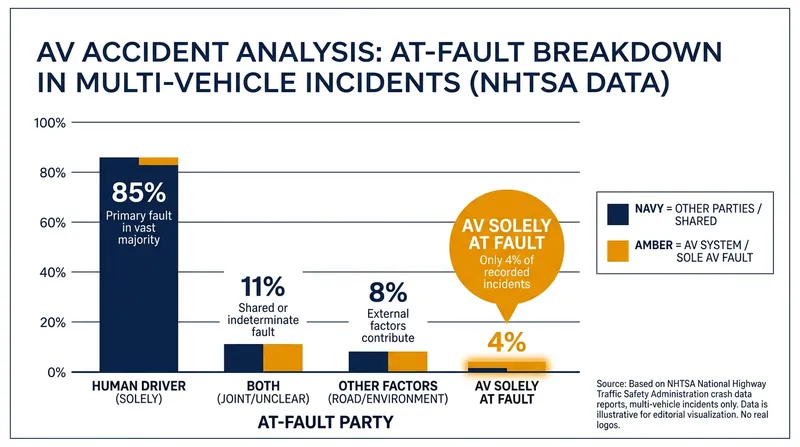 NHTSA data indicates that fully autonomous vehicles are rarely at fault in multi-vehicle collisions.
