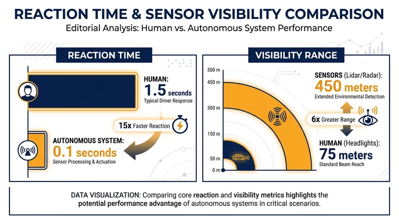 Autonomous sensor arrays can detect hazards and react significantly faster than human drivers.