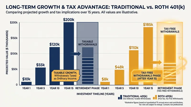 While Roth contributions offer no immediate tax break, qualified withdrawals in retirement are entirely tax-free.