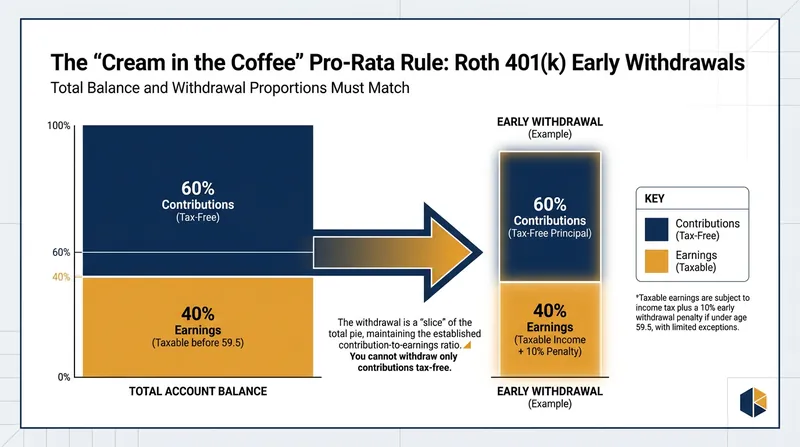 Under the Rule of 55, withdrawing from a Roth 401(k) requires taking a proportional mix of tax-free contributions and taxable earnings.