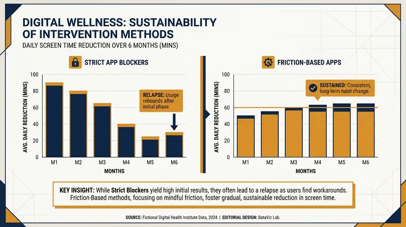 Friction-based approaches show better long-term adherence than strict lockouts.
