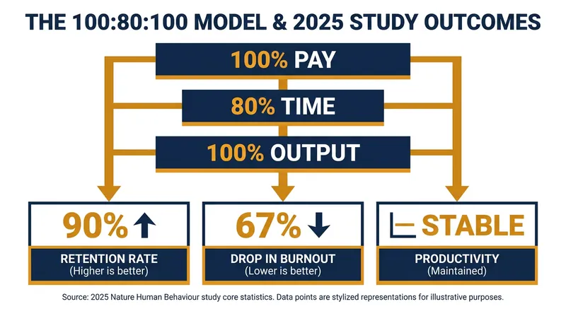 The 100:80:100 model has shown significant success in global trials, drastically reducing burnout without sacrificing output.