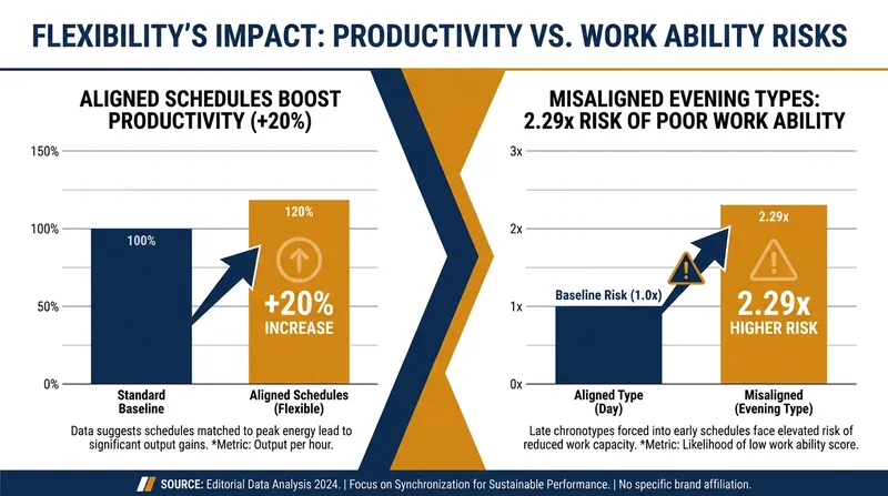 Studies show that aligning work with chronotypes boosts productivity, while misalignment severely degrades work ability.