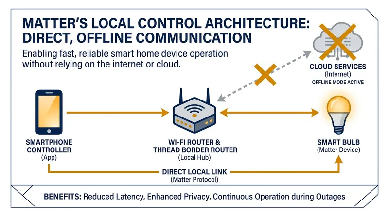 Matter devices communicate locally over Wi-Fi and Thread, ensuring sub-200ms response times and offline reliability.
