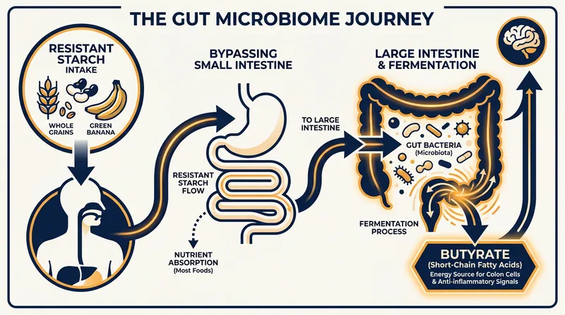 In the colon, beneficial bacteria ferment resistant starch into butyrate, a compound that reduces inflammation and nourishes gut cells.