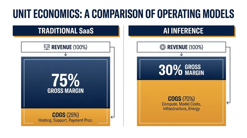 AI inference compute operates on significantly lower gross margins than traditional software-as-a-service models.