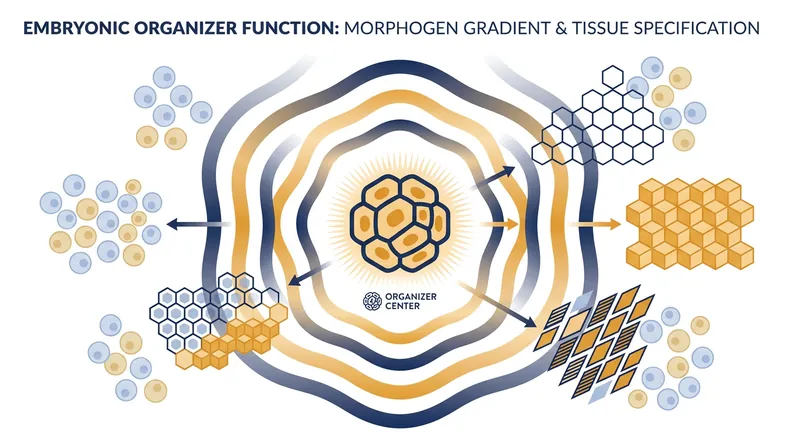 Organizer cells act as a command center, secreting morphogens that instruct neighboring cells on what type of tissue to become.