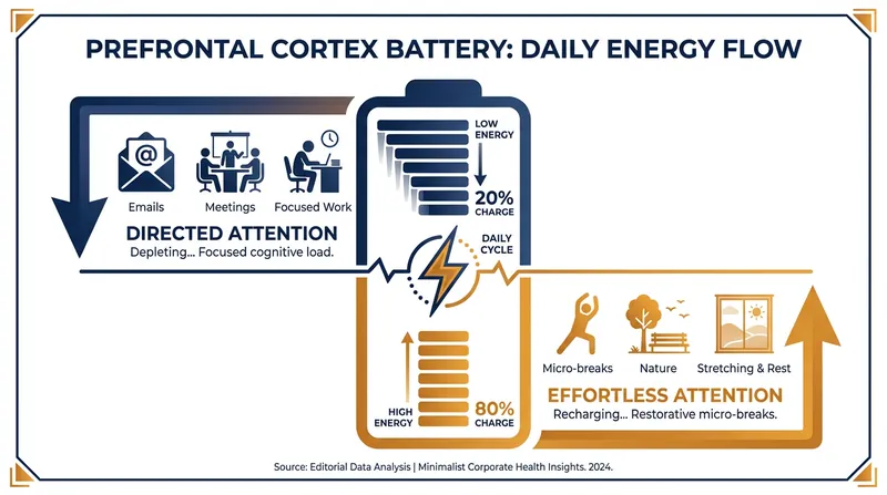 The prefrontal cortex drains rapidly during focused work and requires effortless attention to recharge.