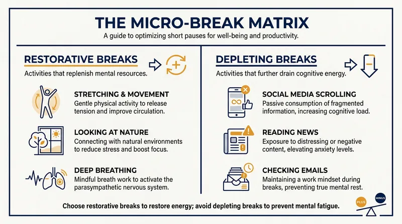Not all breaks are equal: digital distractions continue to drain cognitive resources, while physical and sensory breaks restore them.