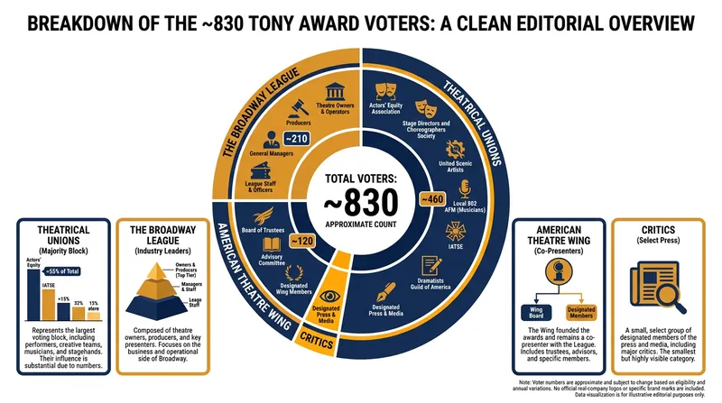 The makeup of the Tony Award voting body balances commercial producers with creative union members.