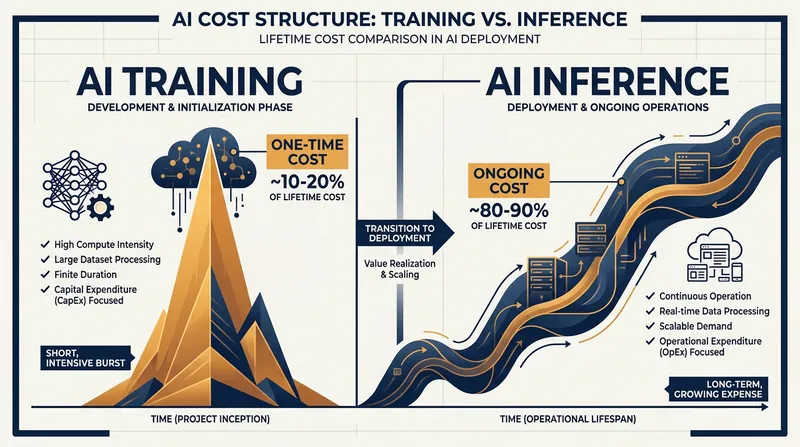 While training an AI model requires a massive upfront investment, running the model (inference) accounts for the vast majority of its lifetime cost.