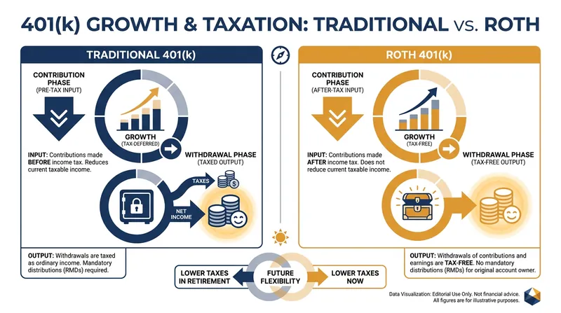 The fundamental difference: Traditional accounts are taxed upon withdrawal, while Roth accounts are taxed upon contribution.