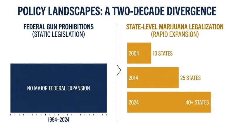Federal gun laws have struggled to keep pace with the rapid state-level legalization of marijuana.