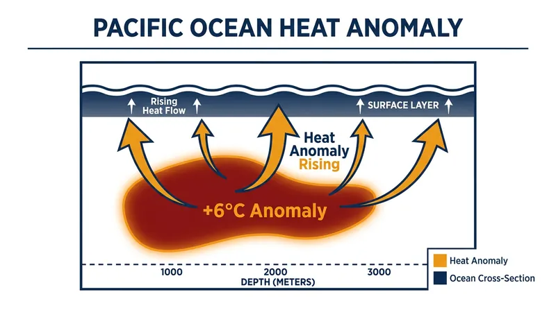 Subsurface temperatures in the tropical Pacific are currently exceeding 6°C above the historical average.