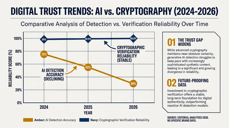 As generative AI improves, traditional detection models fail, making mathematical provenance the only reliable verification method.