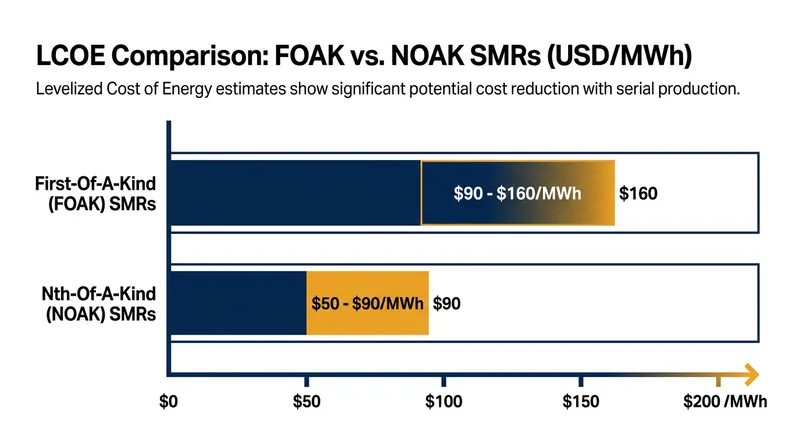 While initial SMRs carry a high price tag, mass manufacturing is projected to drive costs down significantly.