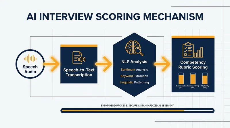 Modern AI platforms evaluate candidates by transcribing their speech and parsing the text for competency markers.