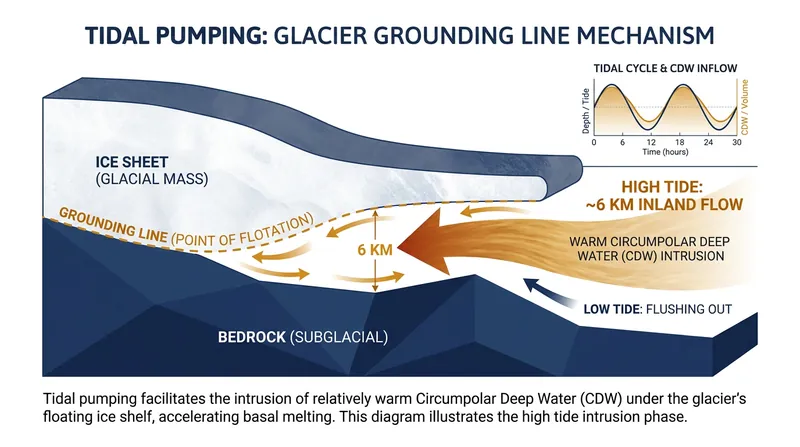 Tidal pumping forces warm water up to 6 kilometers beneath the grounded ice, accelerating basal melt.