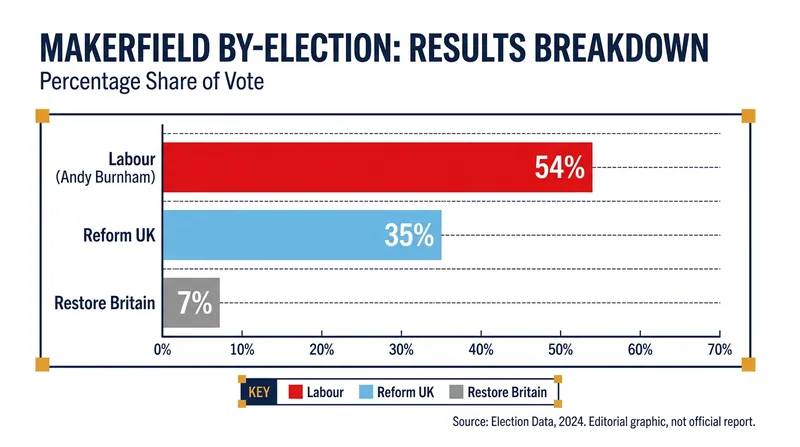 Burnham secured a comfortable majority over Reform UK, reversing Labour's poor local election performance in the area.