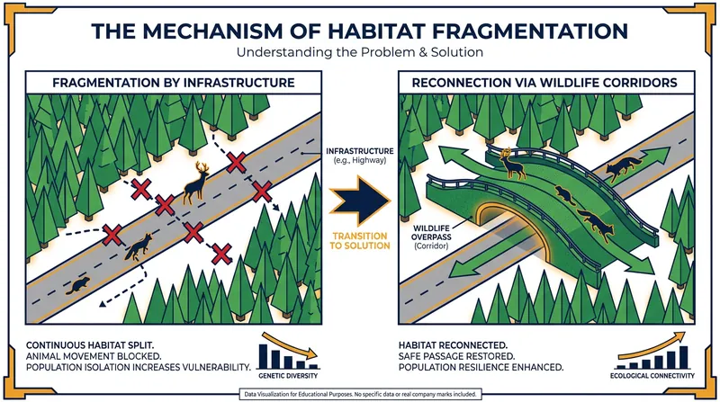 Wildlife corridors reconnect fragmented habitats, allowing animals to migrate, find food, and maintain genetic diversity.