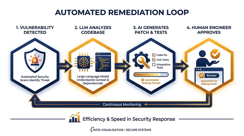 The human-in-the-loop workflow ensures AI-generated patches are verified before deployment.