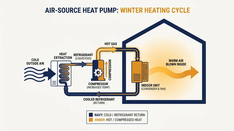 Heat pumps operate by transferring ambient thermal energy rather than burning fuel to create heat.