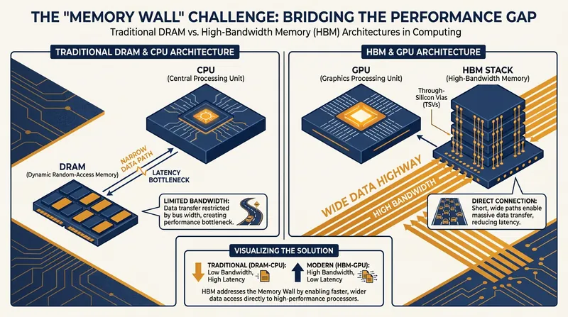 HBM solves the 'Memory Wall' by stacking chips vertically and widening the data highway to the processor.