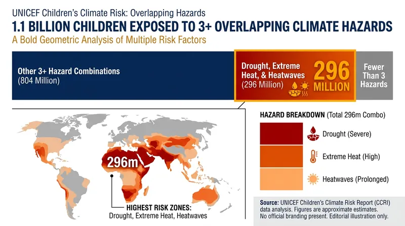 UNICEF data reveals that nearly half of the world's children face at least three overlapping climate threats.