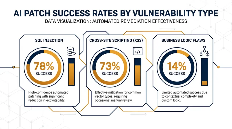 LLMs excel at fixing syntax-level vulnerabilities but struggle significantly with complex business-logic flaws.