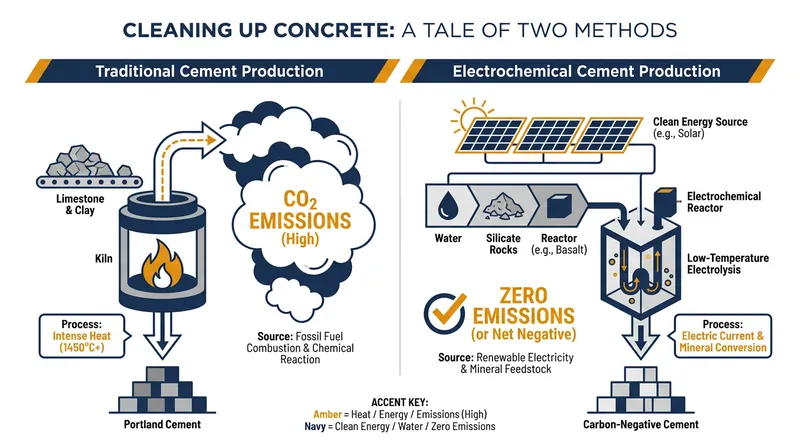 Electrochemical processes bypass the need for fossil-fueled kilns, eliminating both thermal and chemical carbon emissions.
