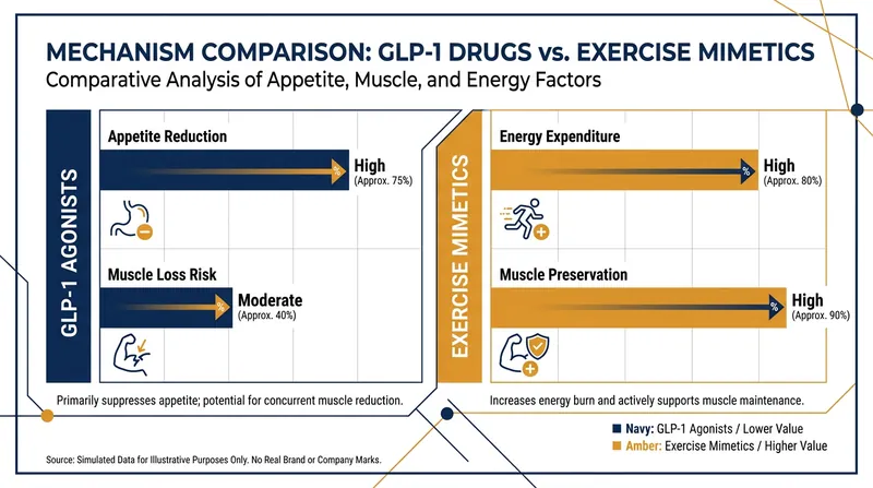 Unlike appetite-suppressing GLP-1s, exercise mimetics aim to increase energy expenditure while preserving muscle.