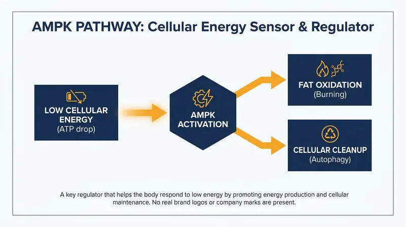 AMPK acts as the body's master energy sensor, triggering metabolic benefits when energy runs low.