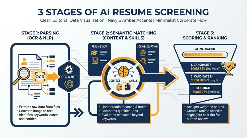 Modern Applicant Tracking Systems process resumes through a strict three-stage pipeline.