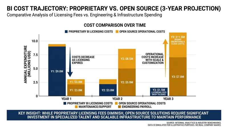 While open-source tools eliminate licensing fees, they often shift costs toward engineering and cloud operations.