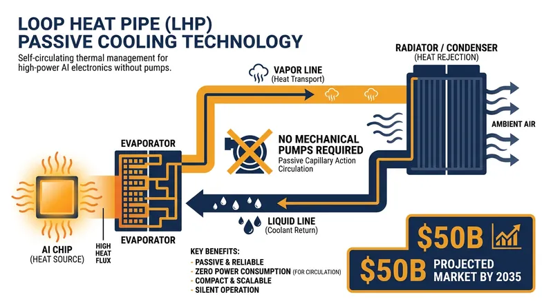 Loop Heat Pipe technology uses a passive two-phase fluid cycle to cool electronics without consuming extra electricity.