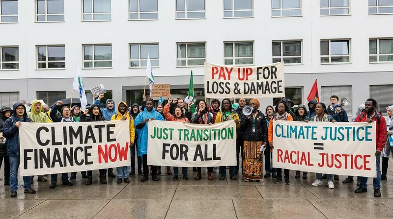 Climate activists outside the Bonn conference center demand that wealthy nations honor their financial commitments.