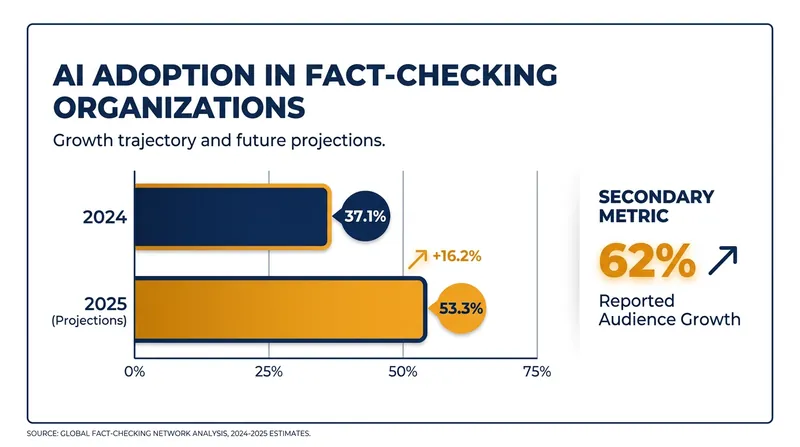 Data from the Poynter Institute shows a rapid increase in AI integration across global fact-checking newsrooms.