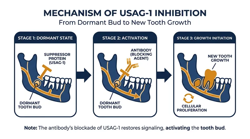 By blocking the USAG-1 protein, the experimental antibody aims to release the biological brake on dormant tooth buds.