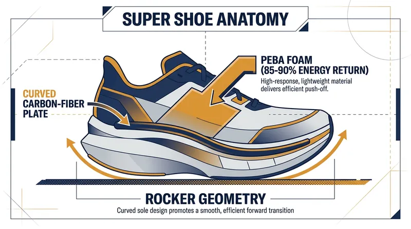 The combination of highly compliant foam and a rigid carbon plate acts as a mechanical lever during the running gait.