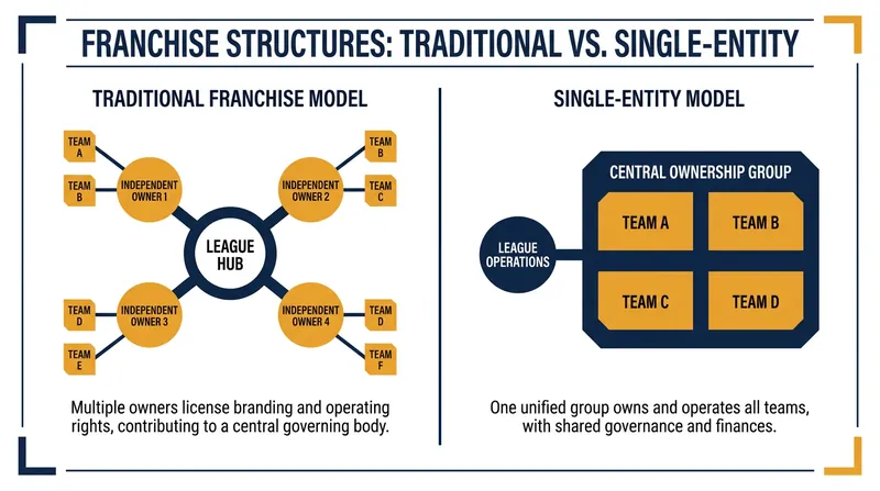 How the single-entity model pools resources compared to traditional sports leagues.